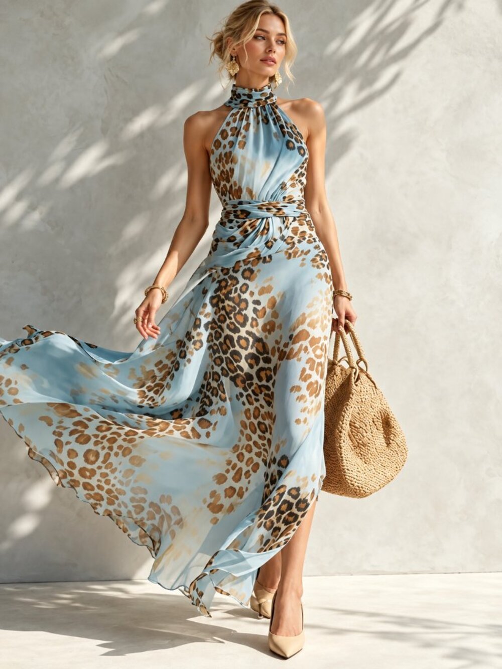 Women's Blue Leopard Print Sleeveless Halter Maxi Dress Vacation Resort